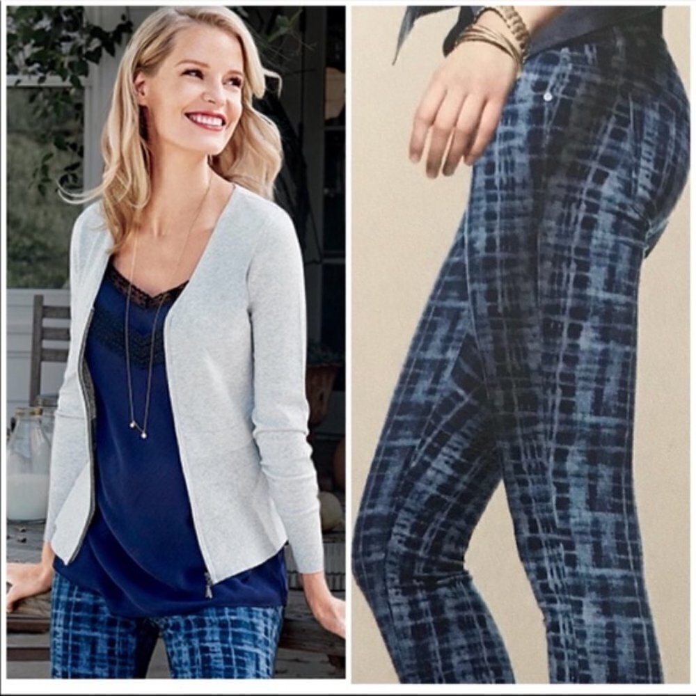 Cabi Skinny Jeans Blue Grey Grid Tie Dye Stretch Slim Fit Pants Size 2